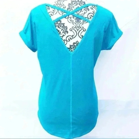 REEBOK Turquoise Scoop Neck “Beautiful” Open Criss Cross Back Athletic Tee (M) - Picture 5 of 8
